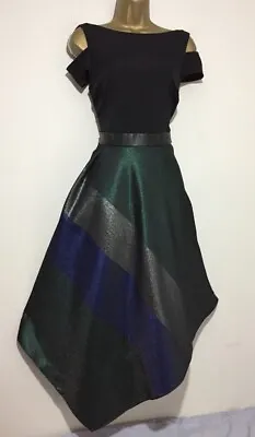Gorgeous Coast Fran Black Green Striped Fit Flare Occasion Midi Dress Size 10 • £45