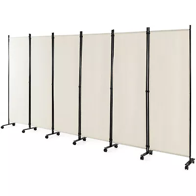 6-Panel Folding Room Divider 6FT Rolling Privacy Screen W/ Lockable Wheels White • $119.99