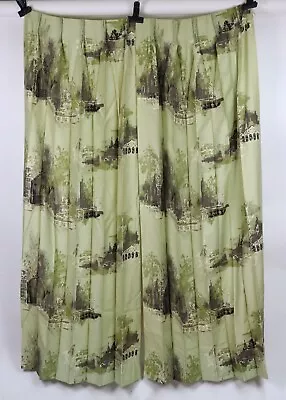 $99 • Buy Vtg Mid Century MCM Pinch Pleat Barkcloth Drapes Curtains Green Asian 2 Panels