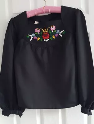 Vintage Hungarian Kalocsa Blouse Black With Multi Colour Embroidery Med 38  • £20