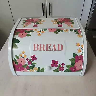 Retro Bread Box Kitchen Metal Bin Bread Enamel Cottage Pink White Flower  • $35.50