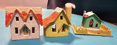 3 Vintage Christmas Japan Putz Village Paper Cardboard House Mica Glitter • $24.95