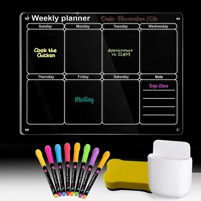 Acrylic Magnetic Weekly Calendar For Fridge W/ 8 Color Markers Dry Erase Board • $17.99