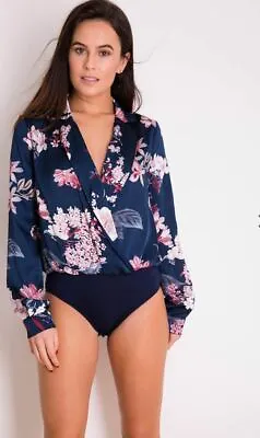 Floral Satin Collar Bodysuit Navy • £15