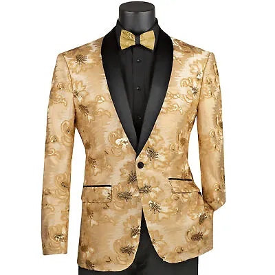 VINCI Men's Beige Paisley Embroidered Slim Blazer W/ Bow Tie - NEW • $125