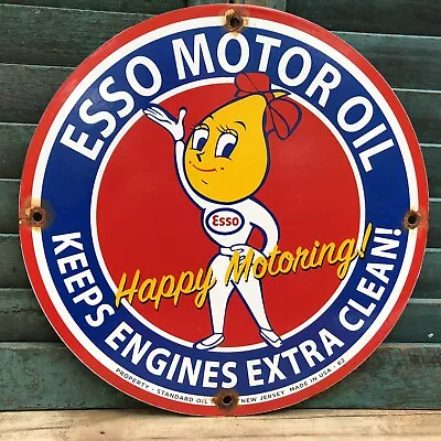 Vintage 1962 Dated Esso Motor Oil Drop Girl Porcelain Happy Motoring Sign • $33