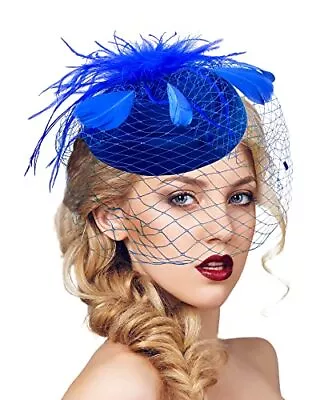 Pillbox Hat With Veil Vintage Fascinators For Women Small A-blue With Feathers • $23.28