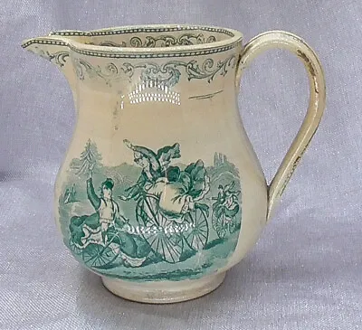 Antique Victorian Staffordshire Jug Wit Green Transferware Novelty Bycicle Theme • £180