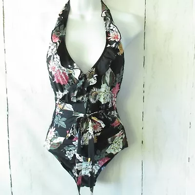 ModCloth One Piece Swimsuit XS X Small Black Floral Ruffle Wrap • $16.99