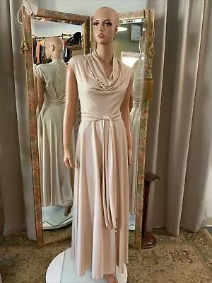 Vintage 80's Champagne Maxi Drape Cowl Neck Dress Tie Waist Sz 8 Bust 36 • $20