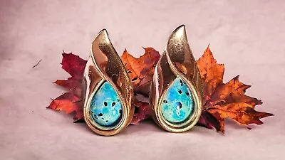 Vintage Renoir Matisse Copper Enamel Teal Blue Anodized Clip Earrings Set Signed • $52.49