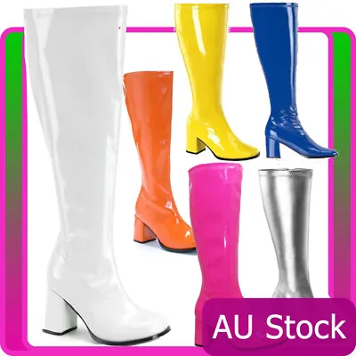 Ladies Go Go Knee High White Gogo Boots Hippie Hippy 60s 70s Disco Costume Shoes • $47.49