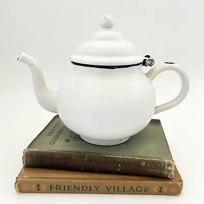 Vintage White Enamelware TEA POT With Hinged Lid Black Trim Decor Planter • $20