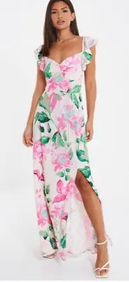 Ex Quiz Nude Pink And Green Floral Ruffle Sleeve Maxi Dress Size 12-18 • £15