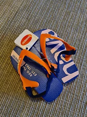 Havaianas New Baby Logomania Child Flip Flops Orange Blue Size 6C - 24EU • £8