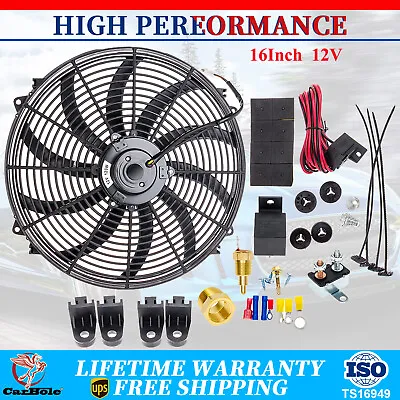 $62.99 • Buy 16  Inch Electric Radiator Cooling Fan High CFM Thermostat Relay Switch Kit 12V