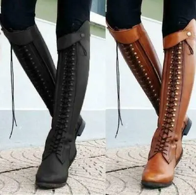 New Women Vintage Lace Up Knee High Riding Boots Casual Buckle Strap Shoes Punk • $54.50