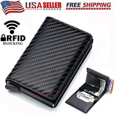 $5.89 • Buy RFID Blocking LEATHER CARBON FIBER Mens Wallet  Purse Slim ID Credit Card Holder