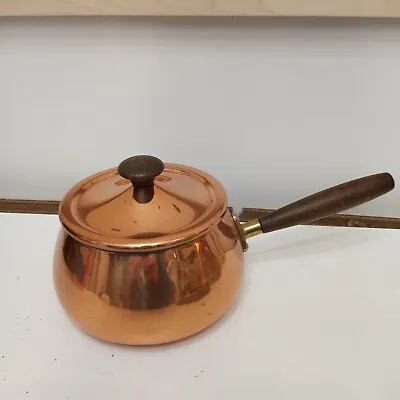 Small Vintage Copper Pot. Teflon Coating MCM Style Brass Fixture Wooden Handle • $18