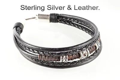 Armband Wristband Sterling Silver & Leather Men Bracelet 2B-457 • £27.85