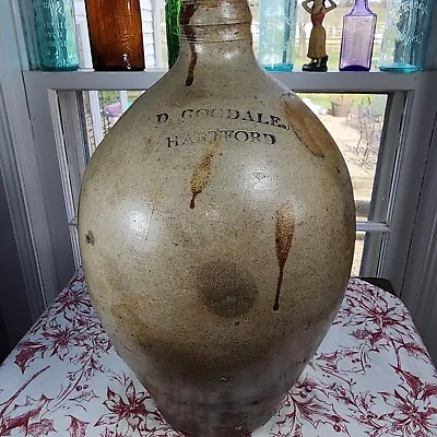 Antique Primitive Salt Glazed Stoneware  D. GOODALE * HARTFORD CT.  OVOID Jug • $189