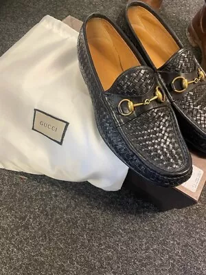 Gucci Mens Black Leather Woven Snaffle Loafers Shoes UK Size 7.5 • £299