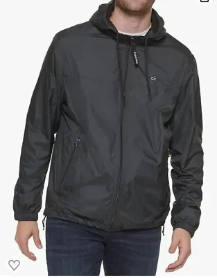 Calvin Klein Men’s Hooded Windbreaker Jacket Black Rain Resistant | C12 • $43.95