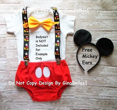 Birthday Outfit Cake Smash 1st Cover Bowtie Mickey Suspenders Mouse Ears 9-18 • $25