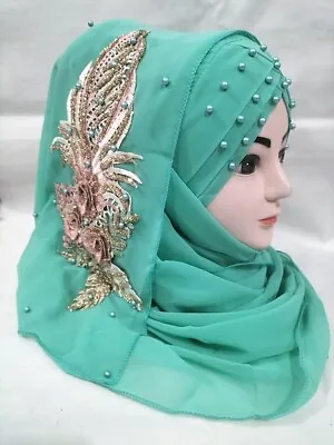 Muslim Womens Fancy Pearl Chiffon Instant Ready To Wear Hijab Scarf Floral Bunch • £9