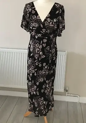 Debenhams - J Taylor Long Lined Black Dress With Pink Flroal Design - Size 12 • £10