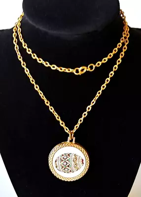 VINTAGE FABERGE EGG FLAT REVERSIBLE PENDANT NECKLACE Gold Tone Red Blue Brown • $12