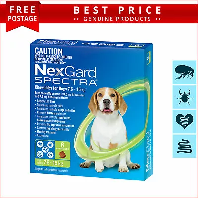 NEXGARD SPECTRA 7.6 To 15 Kg GREEN Heartworm Flea Treatment 6 Doses For Dogs • $93.93