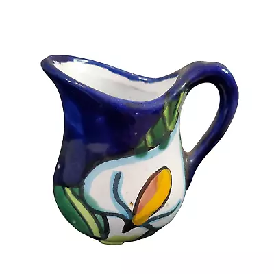 Mexican Pottery Miniature Pitcher 4  Calla Lily Clay Painted Glazed Blue Floral • $11