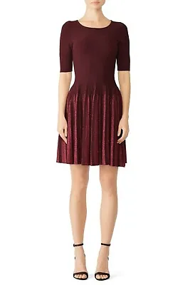 Milly Knit Lurex Pleated Sweater Knit Dress In Berry Burgundy Red SZ M New $450 • $119