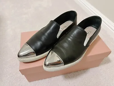 Miu Miu Pointed Metal Cap Toe Black Leather Shoes Size 38 • $99