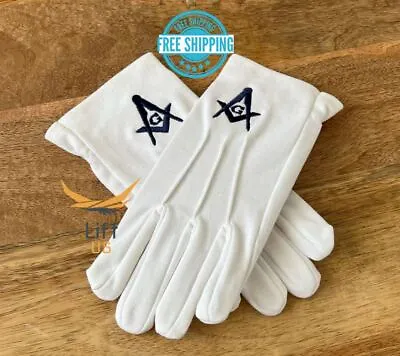 Master Mason Blue Lodge Gloves- White Cotton Machine Embroidery Square Compass G • $12.99