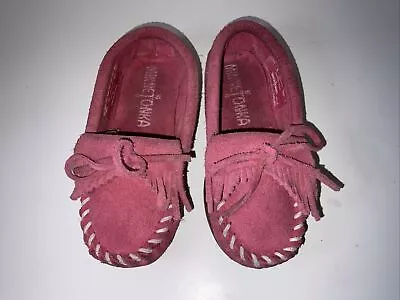 MINNETONKA Pink Suede Leather Moccasins Kilty Hardsole Youth Size 9 • £9.72