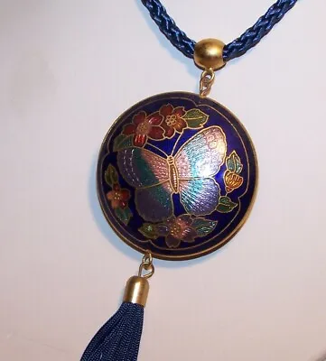  Cloisonne Butterfly Flower Tassel Necklace-Vintage-Blue Tassel Rope • $12.95