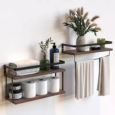 2+1 Tier Wall Mounted Floating Shelves Set Of 2 Rustic Wood Shelf With Metal... • $39.87