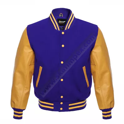 Varsity Letterman Baseball Bomber Jacket Blue Wool & Gold Real Leather Sleeves • $99.99