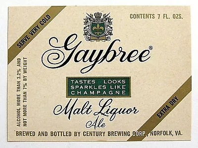 $1.95 • Buy Century Brewery GAYBREE MALT LIQUOR - EXTRA DRY  Label VA 7oz ABW 3.2% - 7%