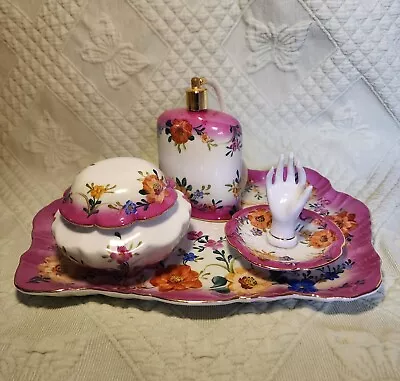 Vintage Limoges China Vanity Dresser Set 5 Piece Purple Flowers Spring Handpaint • $160