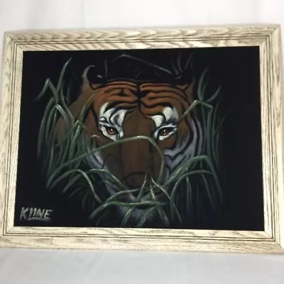 Black Velvet Tiger Painting Face Head Eyes 27x21 Framed Vintage Wall Art • $79.98