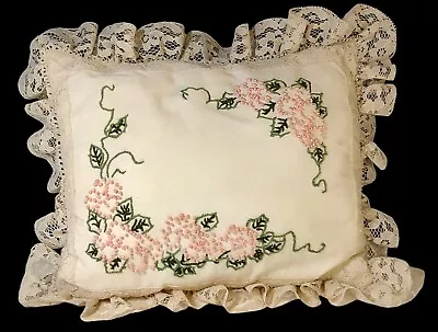 Vintage Hand Embroidered Floral Cream Lace Throw Pillow 15x13 In Cottage Core • $22.99