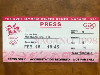 1998 Nagano Olympic ICE HOCKEY Playoff TICKET SWEDEN FINLAND Selanne Kurri Koivu • $35