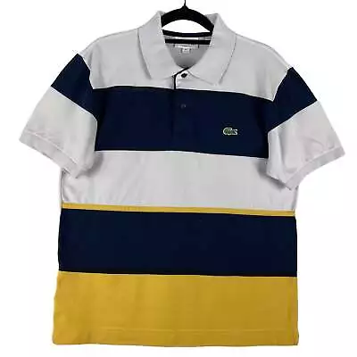 Lacoste White Blue & Yellow Striped Classic Fit Cotton Polo Shirt Size S • $39