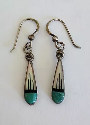 Vintage Navajo Sterling Silver Turquoise Onyx MOP TearDrop Dangle Earrings • $34.99