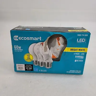 EcoSmart LED BRIGHT WHITE A19 4 PACK 60W Replacement 1006774099 800 LUMENS • $14.99