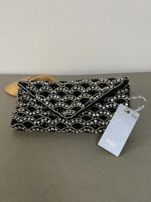 £9.99 • Buy M&S Beaded Diamante Crystal Black Satin Jewellery Roll, ‘With Love’, With Tag
