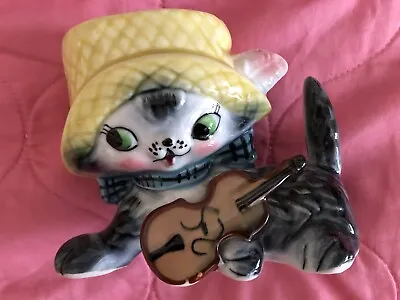 $25 • Buy Vintage NAPCO Kitty Cat Feline Fiddle Violin Planter Vase Japan Anthropomorphic